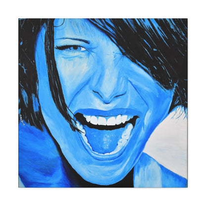 A beautiful bright blue art print on canvas of a passionate woman showing emotions, woman portrait art
