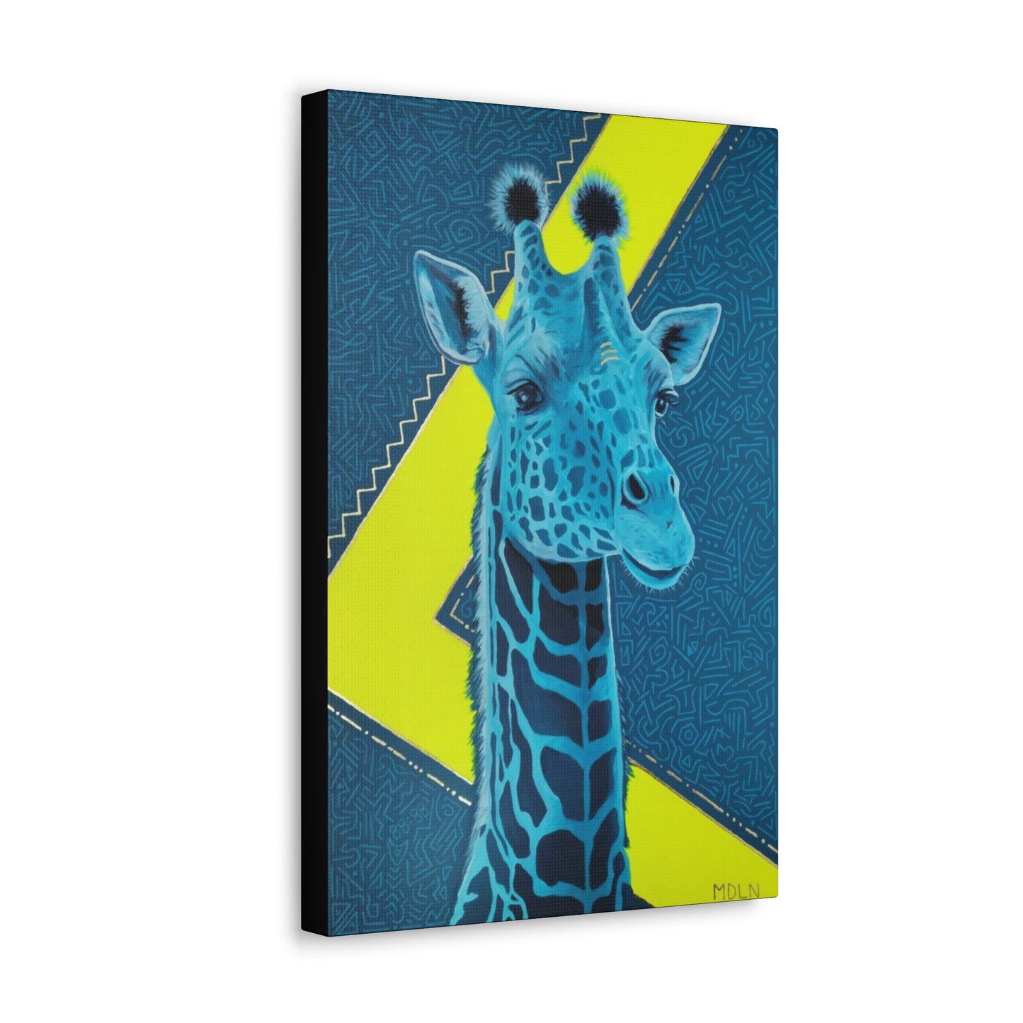 Angled view of canvas print, of an Original Acrylic painting with gold leaf of a majestic blue Giraffe Drawing with a blue and neon yellow background