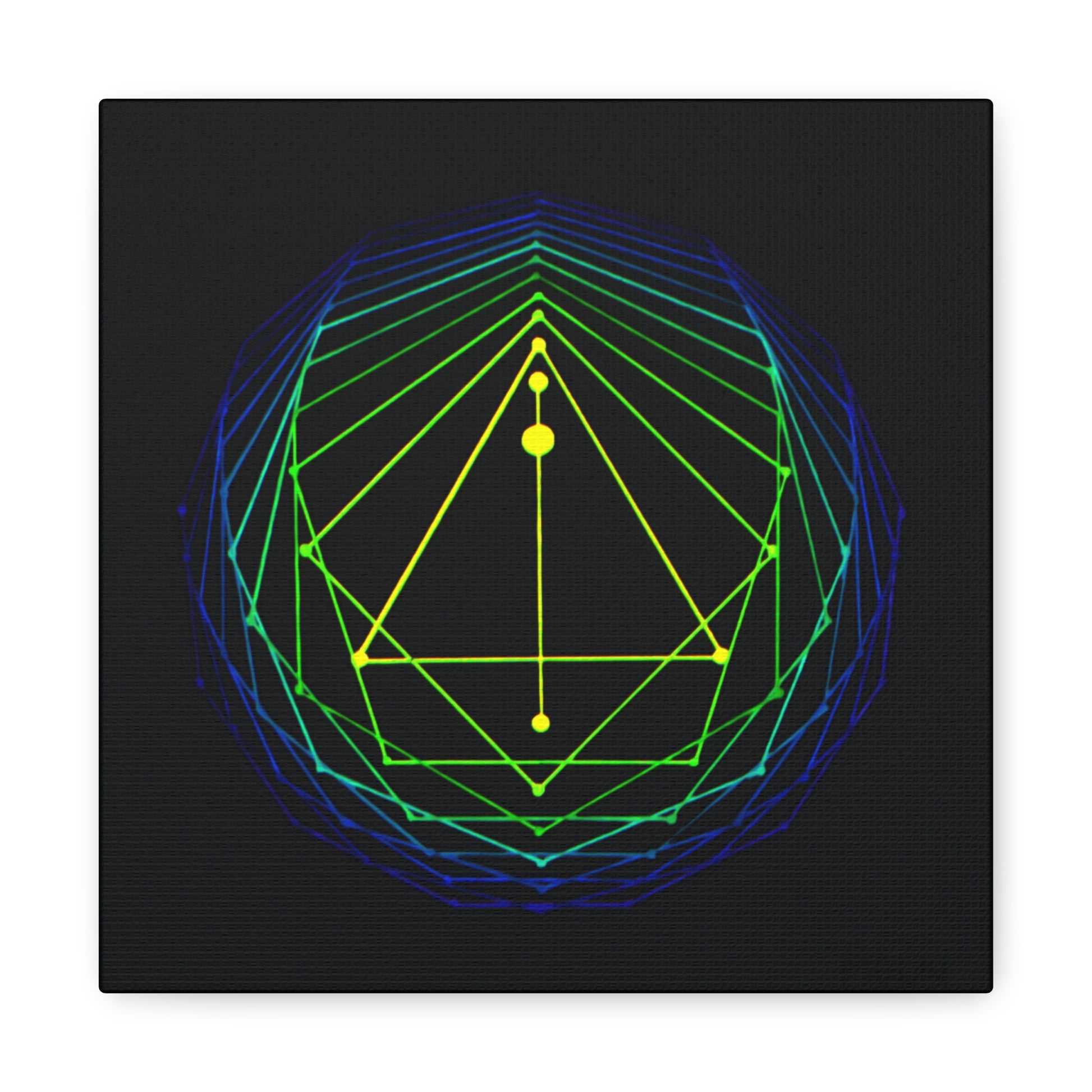 canvas print of an original acrylic painting of sacred geometry in blue/green/yellow tones