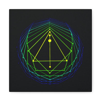 canvas print of an original acrylic painting of sacred geometry in blue/green/yellow tones