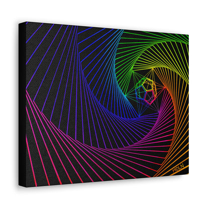 A side angle view of Sacred Geometry Art Canvas Art Print painting showing The Dodecahedron which represents The Aether, inside a spiral of lines all bright neon colors