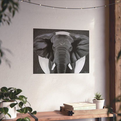 African elephant art print in black and white hanging on the wall over a wooden console table