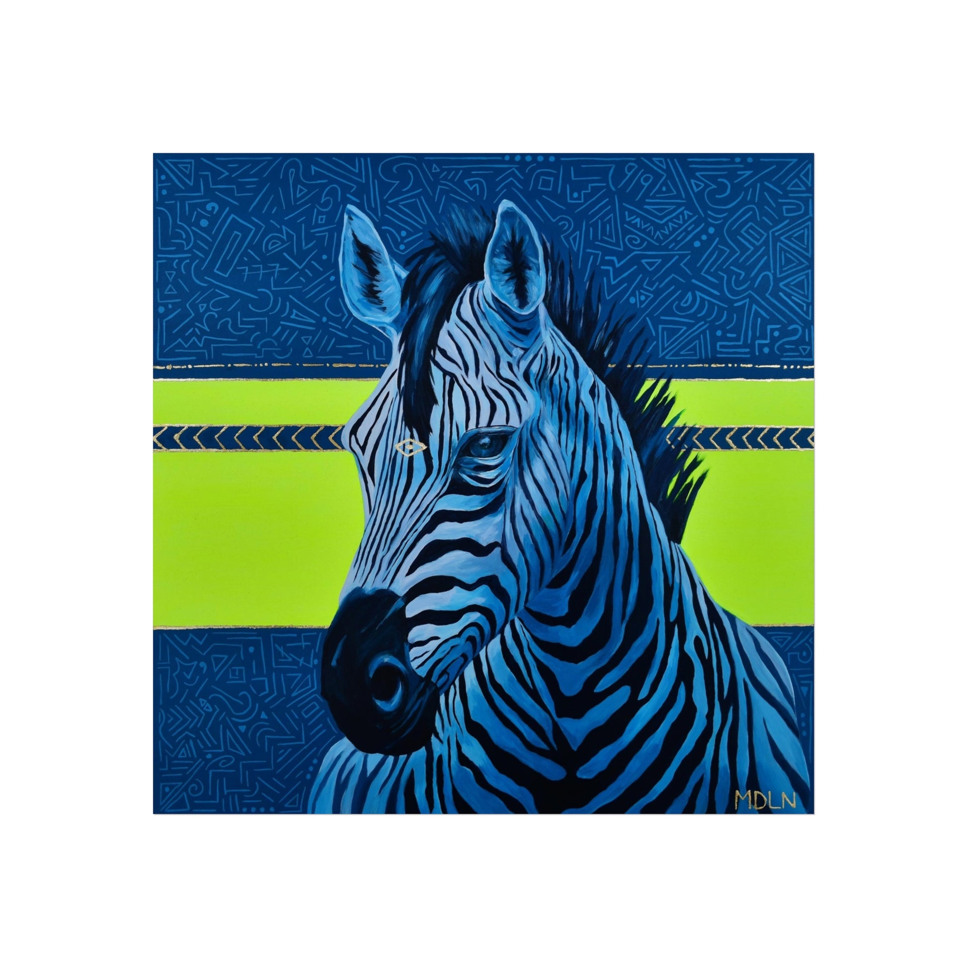 A beautiful bright and bold giclee art print of a majestic zebra painting with blue and neon yellow abstract background, zebra art