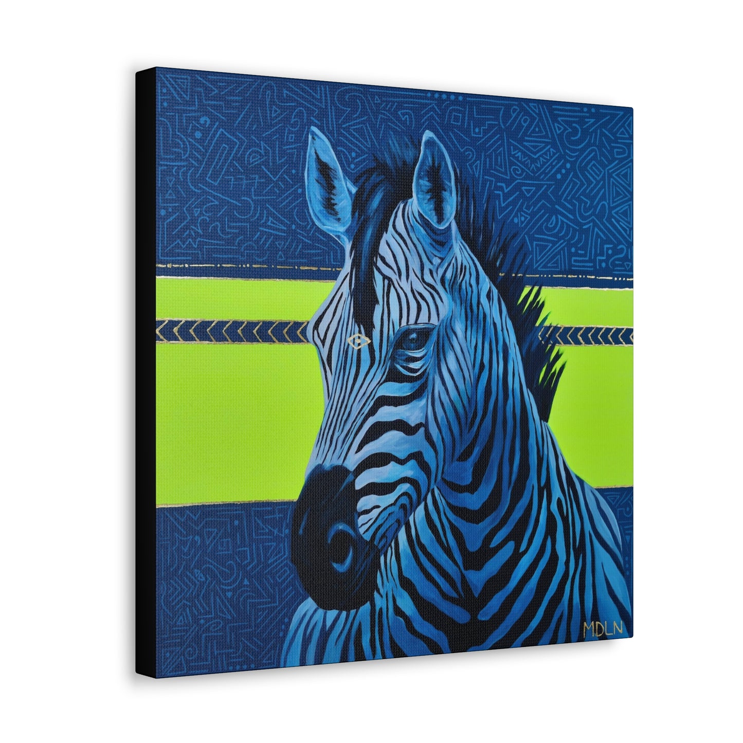 An angled view of a bright and bold art print on canvas of a majestic zebra painting with blue and neon yellow abstract background, zebra art