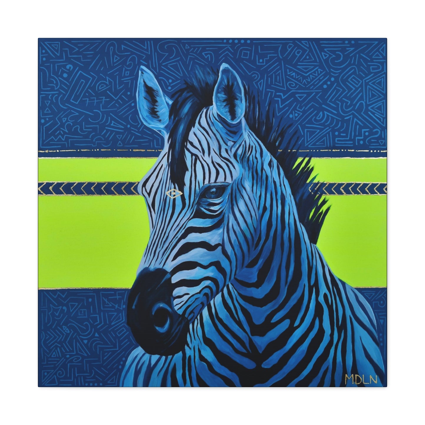 A bright and bold art print on canvas of a majestic zebra painting with blue and neon yellow abstract background, zebra art