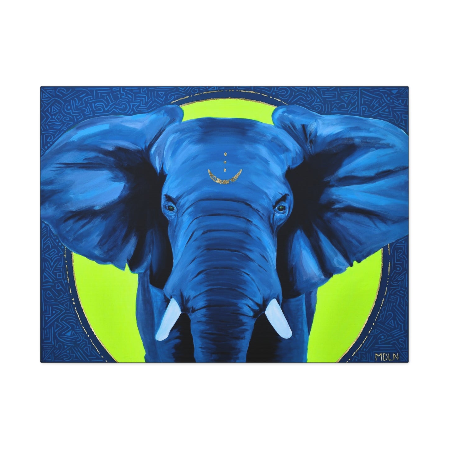 A giant African Elephant art print on canvas that was painted with blue and neon yellow acrylic paints