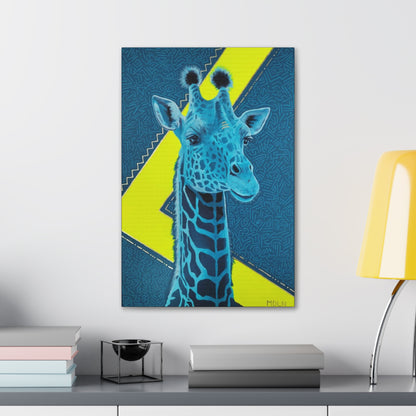 Canvas print of an Original Acrylic painting with gold leaf of a majestic blue Giraffe Drawing with a blue and neon yellow background, hanging on the wall over a desk