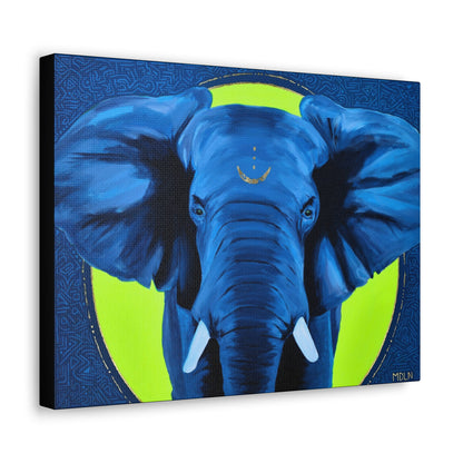 A side angle of an African Elephant art print on canvas in blue and yellow showcasing its black framed edging