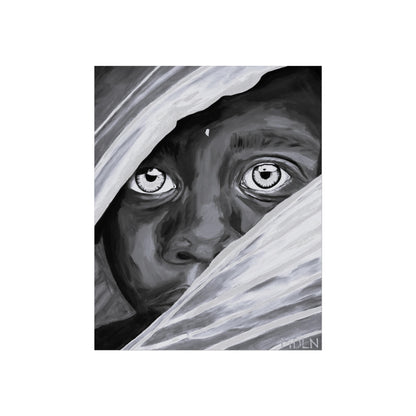 A black and white giclee art print of an African boy with his eyes wide open curiously peaking out from behind palm leaves