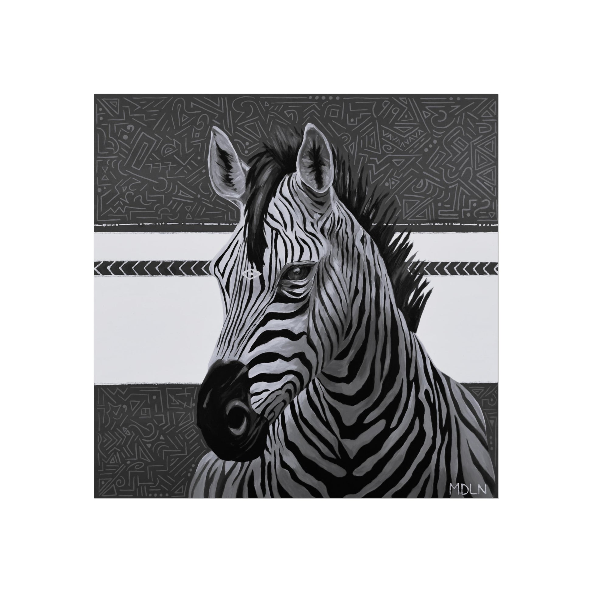 A black and white  giclee art print of a majestic zebra painting with abstract background, zebra art