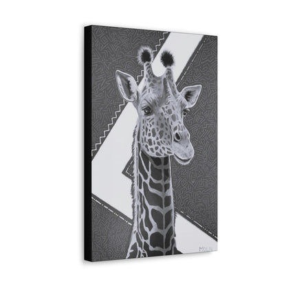 Angled view of Black and White Canvas print of an original acrylic painting with gold leaf, of a majestic giraffe, with geometric background