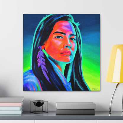 Creative depiction of an Indigenous art print on canvas of an Aboriginal Woman with feather earring, hanging on a wall over a desk