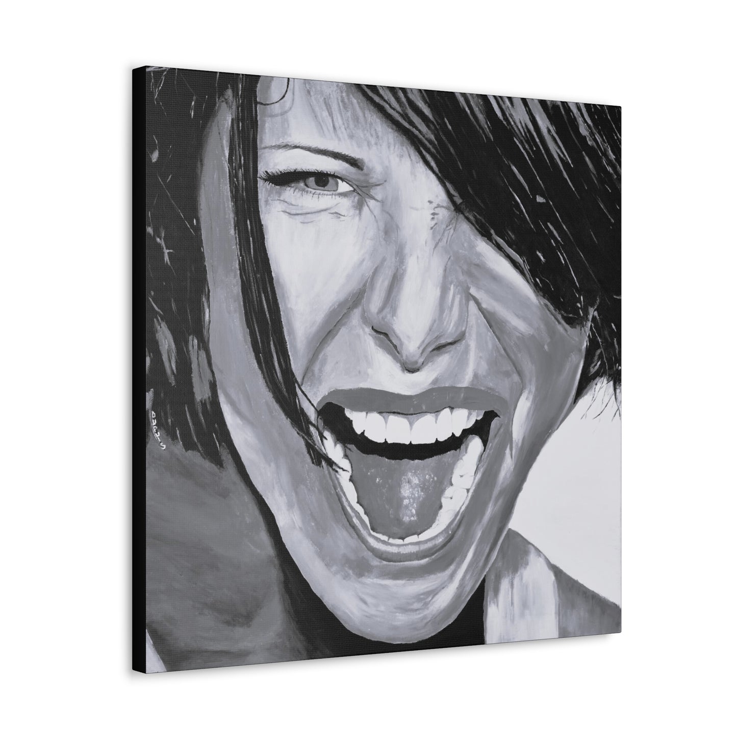 An angled view of a Black and White art print on canvas of a passionate woman showing emotion