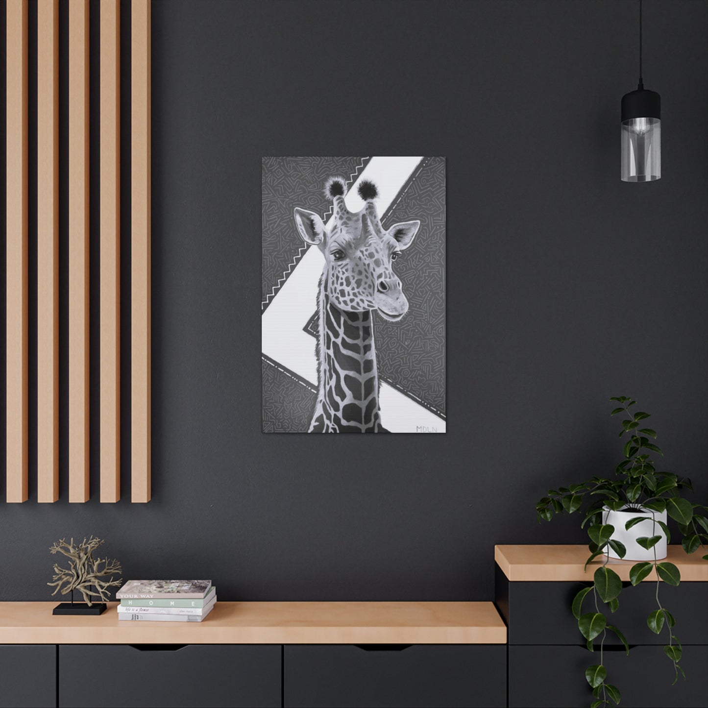 Black and White Canvas print of an original acrylic painting with gold leaf, of a majestic giraffe, with geometric background, hanging on the wall over a desk