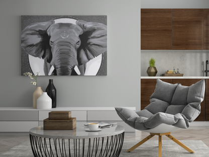 African elephant art print in black and white hanging on the wall in a modern living room