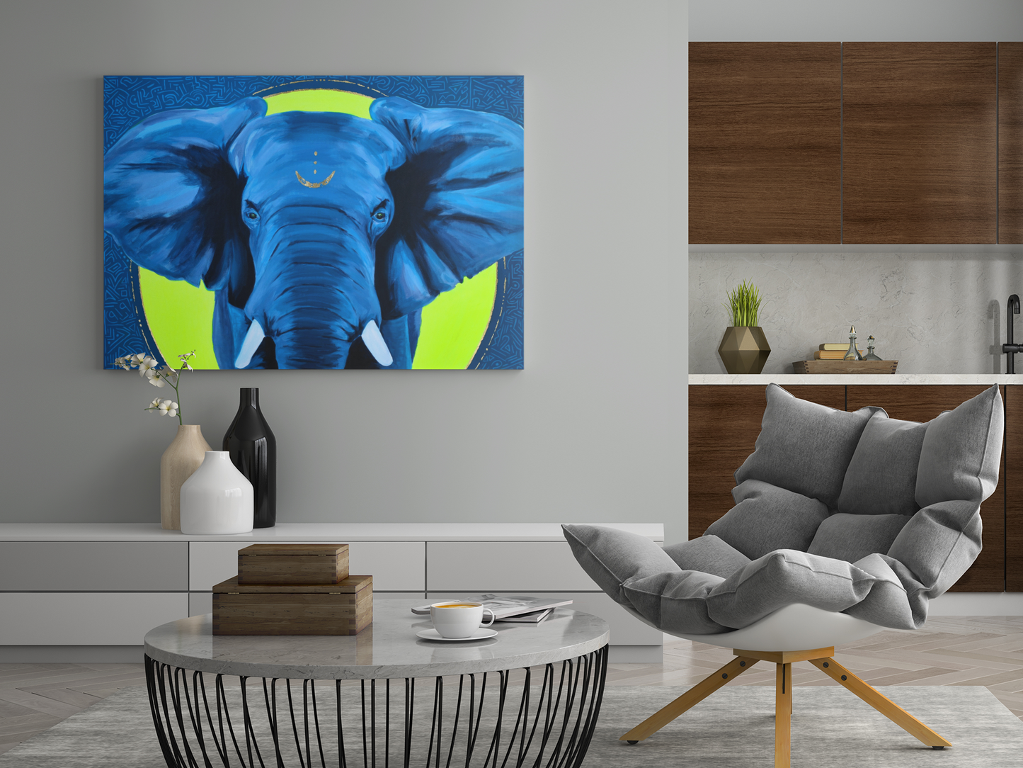 Acrylic painting of an African elephant hanging on the wall of a modern living room