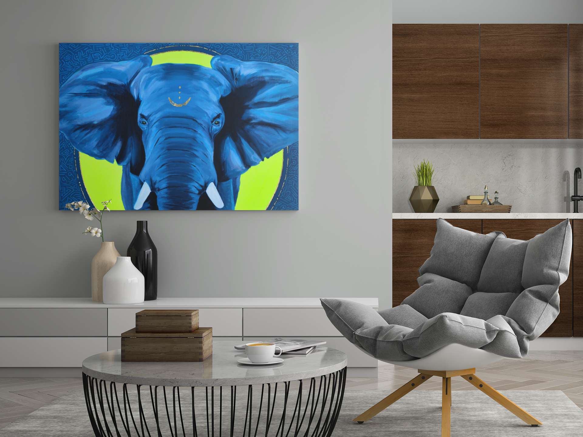 A majestic African elephant art print on canvas in blue and yellow hanging on the wall of a modern living room