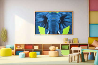 Acrylic painting of a giant African elephant hanging on the wall in a bright and colorful kids playroom with kids art table