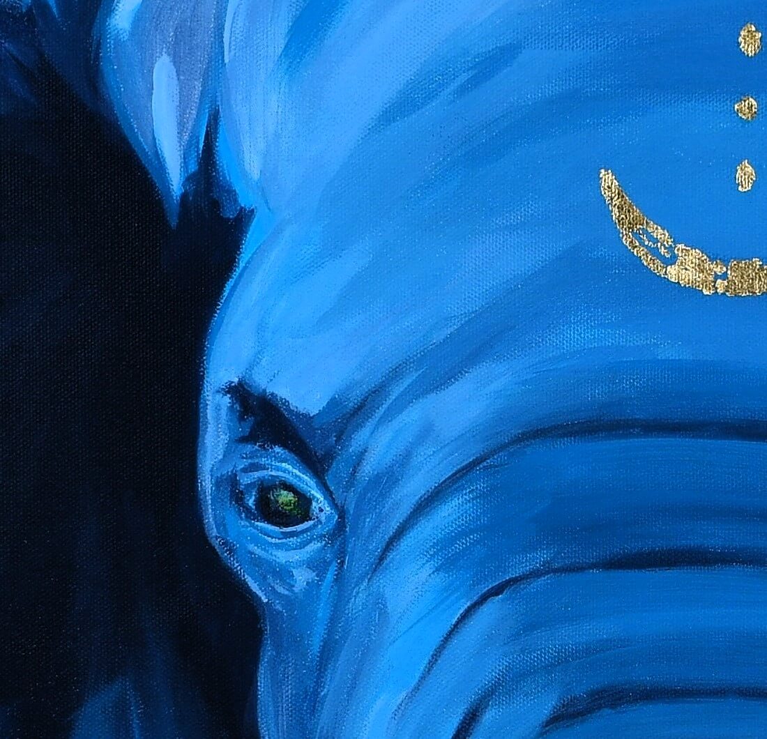 Close up of an acrylic painting showing the details of an African elephants face