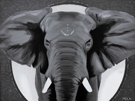 Black and white art showing an African elephant with black and white symbols in the background