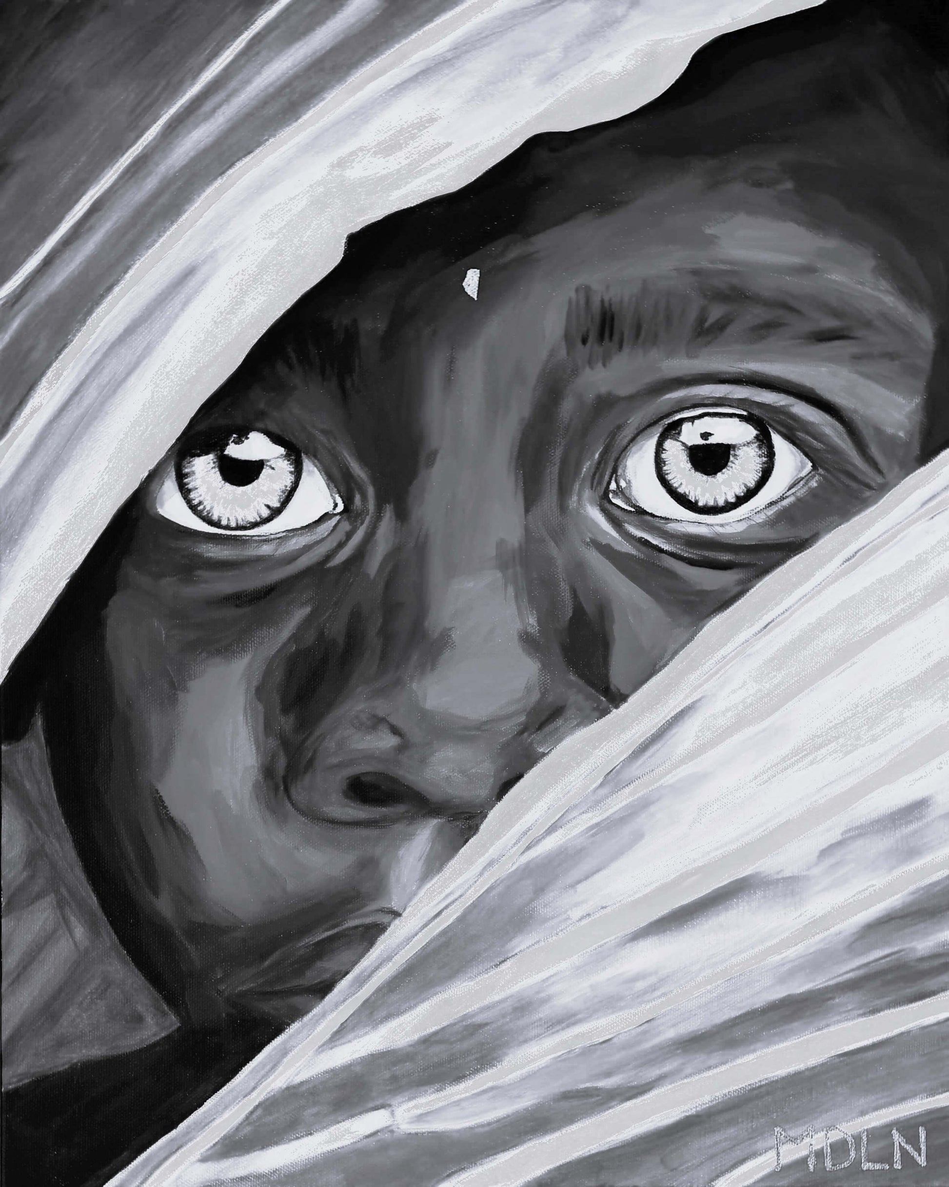 A black and white giclee art print of an African boy with his eyes wide open peaking out cautiously from behind some palm leaves