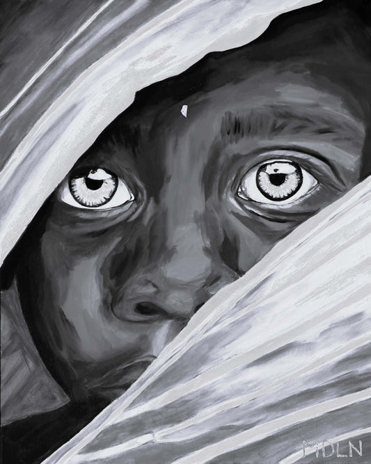 Black and white art print on canvas of an African Boy with eyes wide open peaking out cautiously from behind some palm leaves