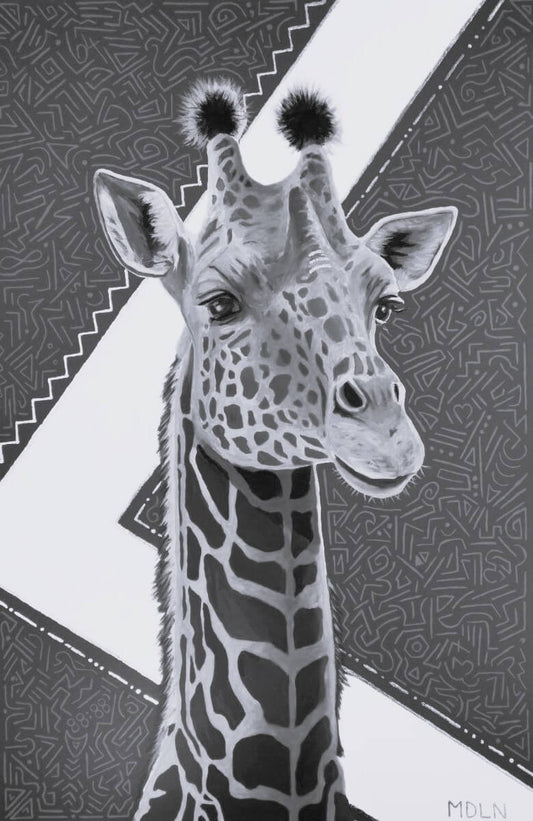 Black and white giclee art print of an original acrylic painting with gold leaf of a majestic giraffe drawing, with geometry in the background