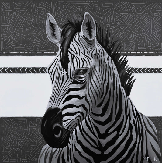 A black and white giclee art print of a majestic zebra painting with abstract background, zebra art