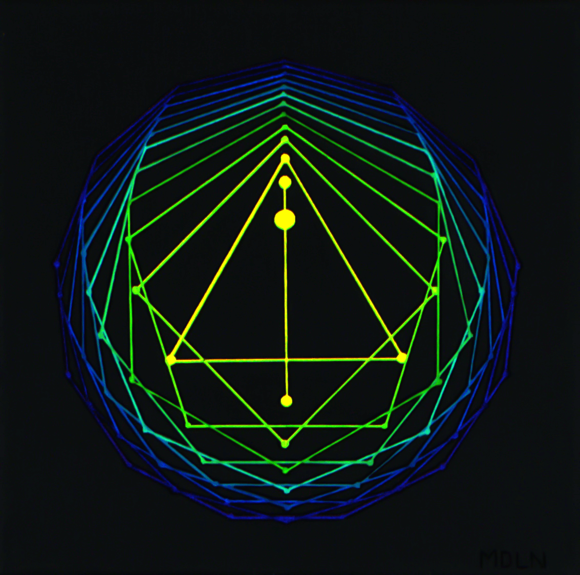 Sacred Geometry Art Original Acrylic Painting in neon yellow, green and blue 