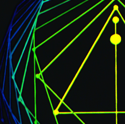 Sacred Geometry Art Original Acrylic Painting in neon yellow, green and blue, close up view