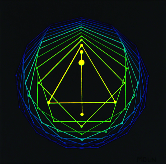 Giclee art print of an original acrylic painting of sacred geometry in blue/green/yellow tones