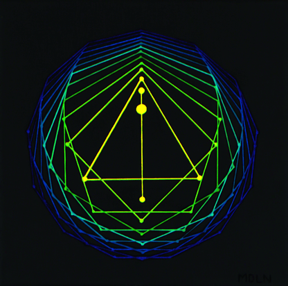 Giclee art print of an original acrylic painting of sacred geometry in blue/green/yellow tones