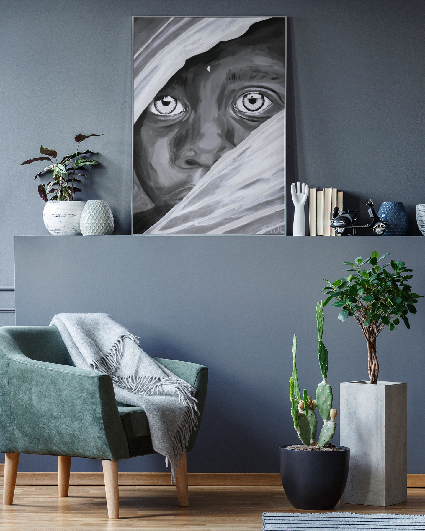 A black and white giclee art print of a curious African Boy leaning up against a wall on a shelf in a living room with green chair and plants