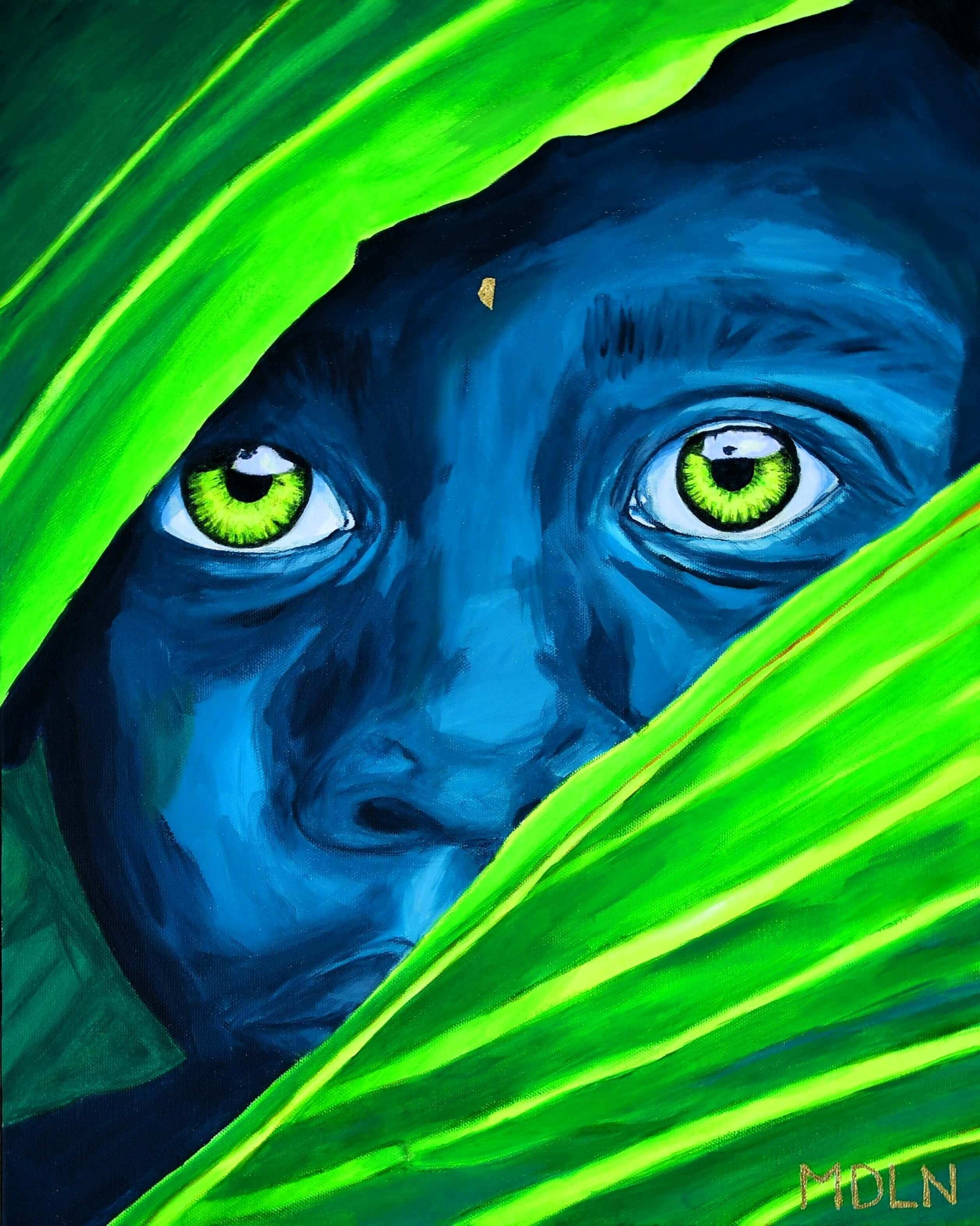 An original acrylic painting of an African boy with bright eyes hiding behind some palm leaves