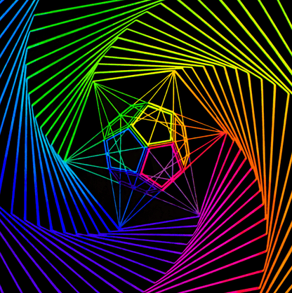 Sacred Geometry Art Canvas Print painting close up showing The Dodecahedron which represents The Aether, inside a spiral of lines all bright neon colors