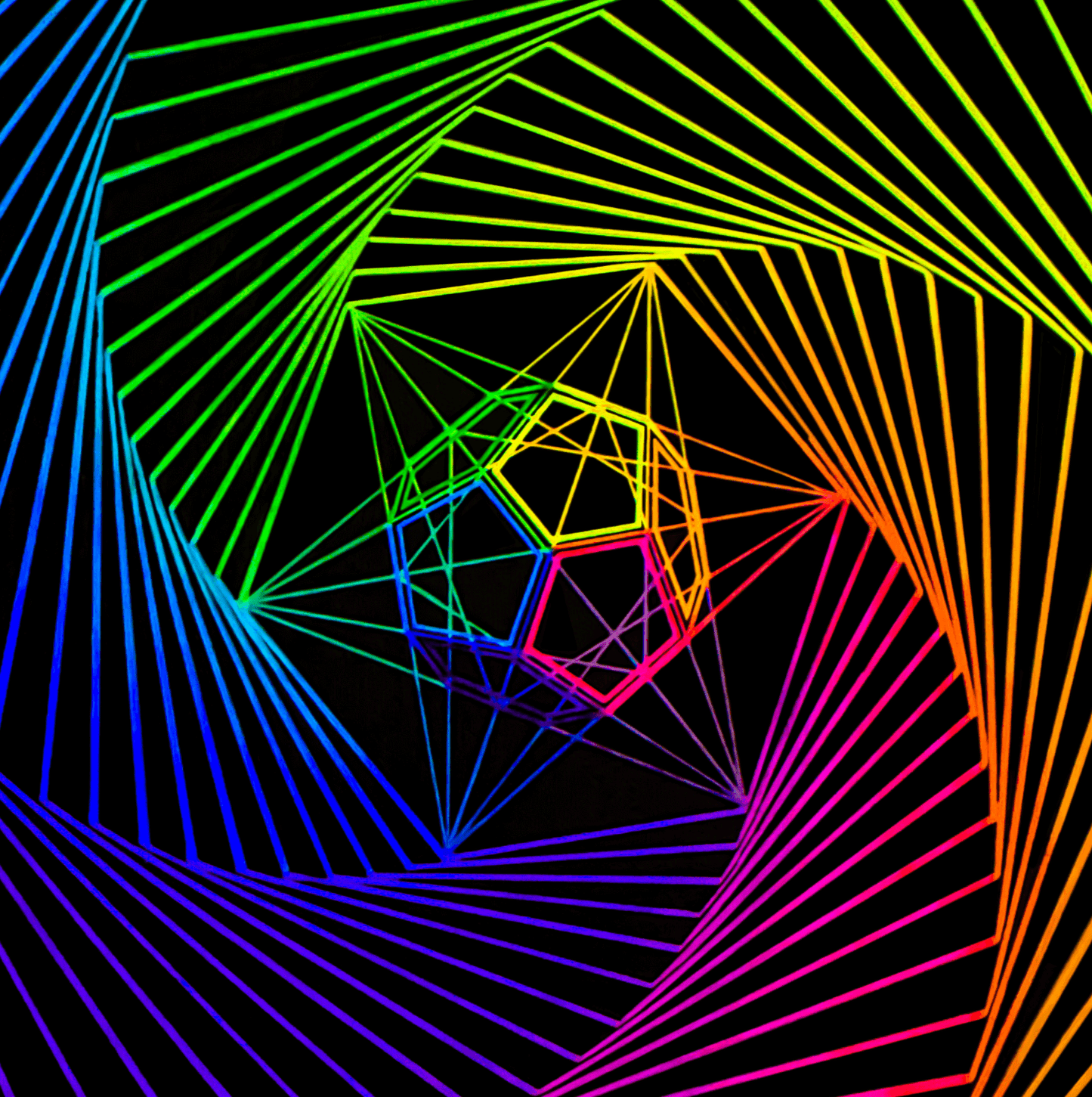 A close up of Sacred Geometry Art Poster Print painting showing The Dodecahedron which represents The Aether, inside a spiral of lines all bright neon color