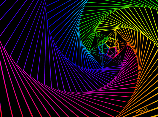 Sacred Geometry Art Poster Print painting showing The Dodecahedron which represents The Aether, inside a spiral of lines all bright neon colors