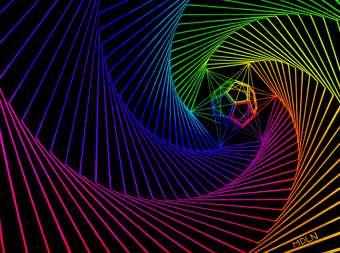 Sacred Geometry Art Poster Print painting showing The Dodecahedron which represents The Aether, inside a spiral of lines all bright neon colors