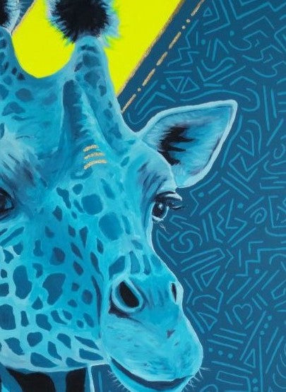 Close up of Original Acrylic painting with gold leaf of a majestic blue Giraffe Drawing with a blue and neon yellow background