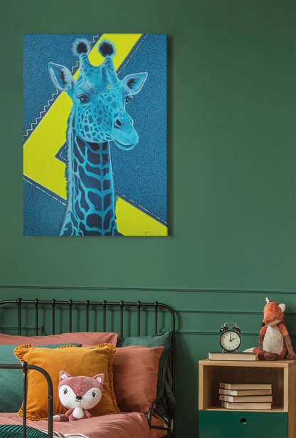 Original Acrylic painting with gold leaf of a majestic blue Giraffe Drawing with a blue and neon yellow background, hanging on the wall above a bed in a child's room