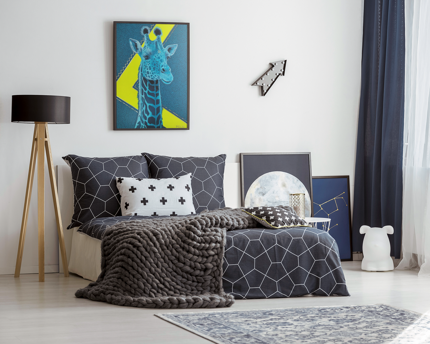 Original Acrylic painting with gold leaf of a majestic blue Giraffe Drawing with a blue and neon yellow background, framed, hanging on the wall above a bed in a kids/teenagers bedroom