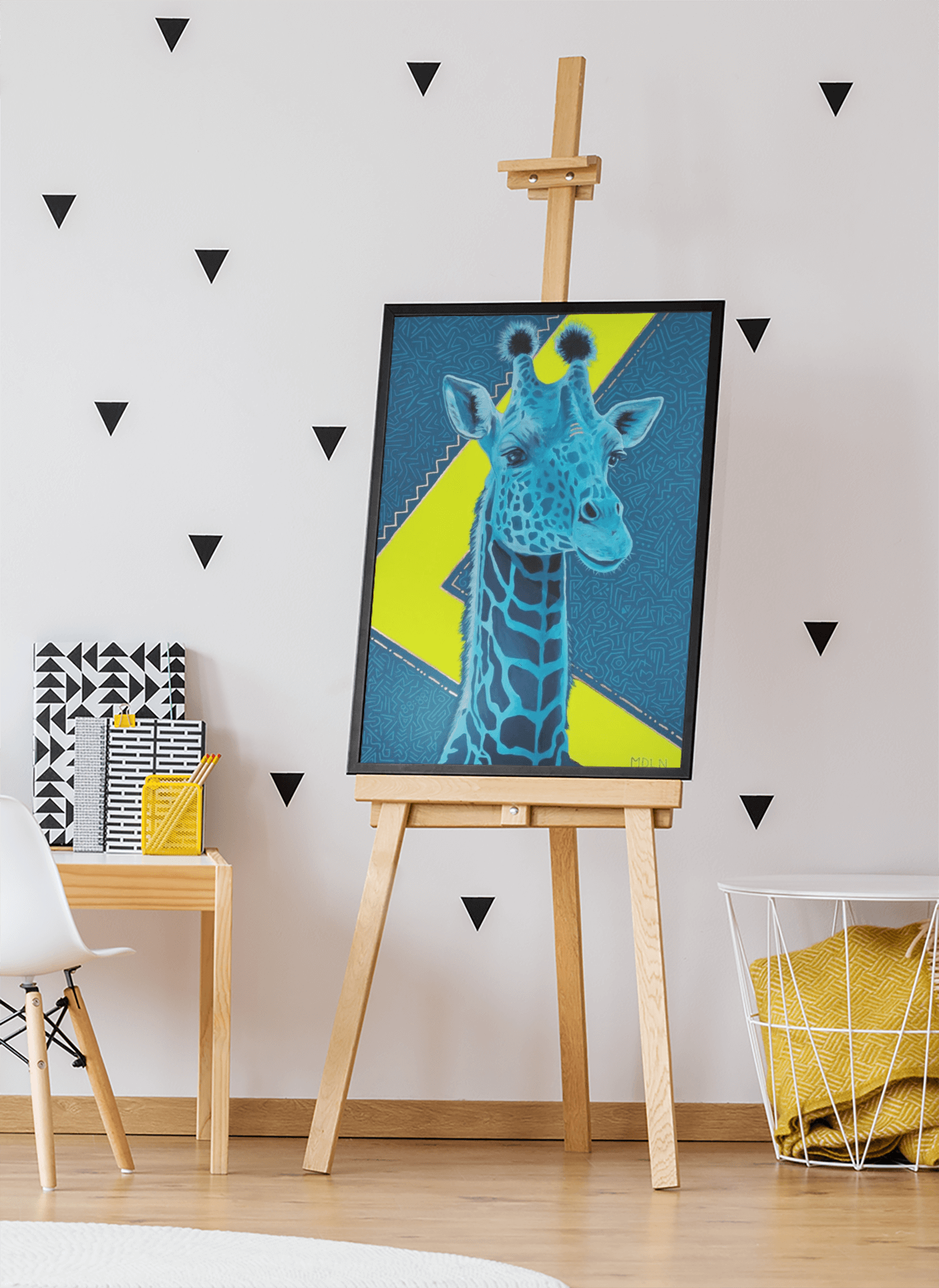 Giclee art print of an Original Acrylic painting with gold leaf of a majestic blue Giraffe Drawing with a blue and neon yellow background, sitting on an easel in an art room 