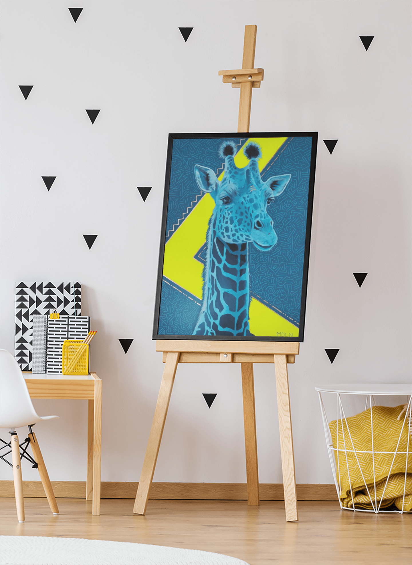 Canvas print of an Original Acrylic painting with gold leaf of a majestic blue Giraffe Drawing with a blue and neon yellow background, sitting on an easel in an art studio