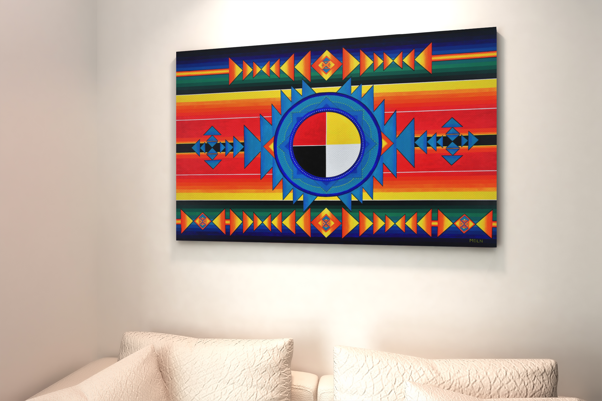 Indigenous acrylic painting with Medicine Wheel art, hanging on the wall over a couch