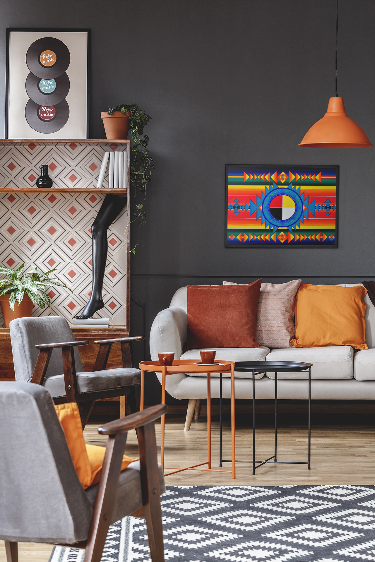 Original acrylic painting Indigenous art hanging over a couch in a living room