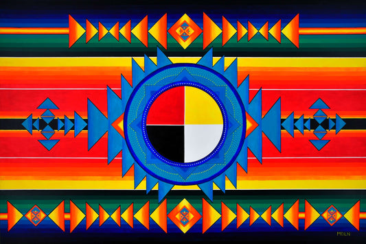 A bright and colorful Indigenous Medicine Wheel art print on canvas