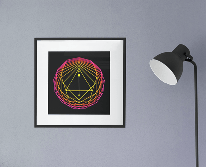 Sacred Geometry Art Original acrylic painting in neon yellow, orange and pink, framed, hanging on the wall next to a lamp