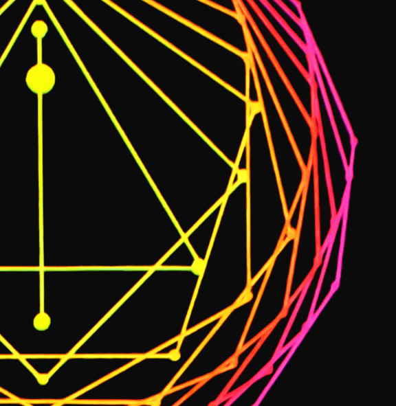 Sacred Geometry Art Original acrylic painting in neon yellow, orange and pink, close up view