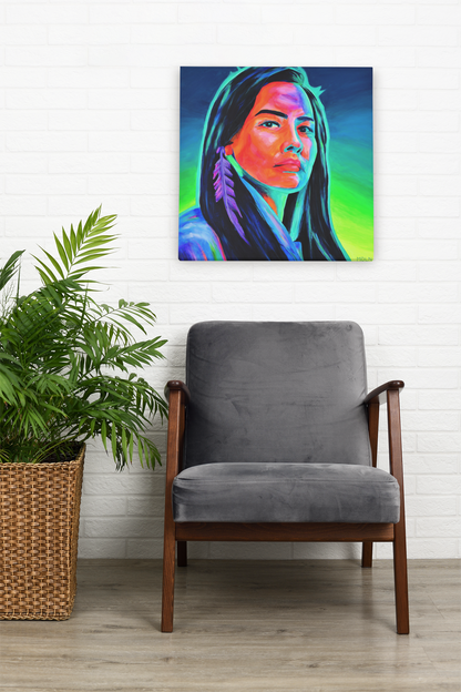 A bright and bold original acrylic painting of a pretty Aboriginal Woman with feather earrings, Indigenous art hanging on the wall over a chair next to a plant