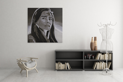 Black and white Indigenous giclee art print showing an Aboriginal Woman, hanging on the wall in a living room